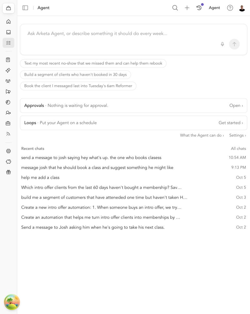 The Agent page with the Approvals and Loops strips