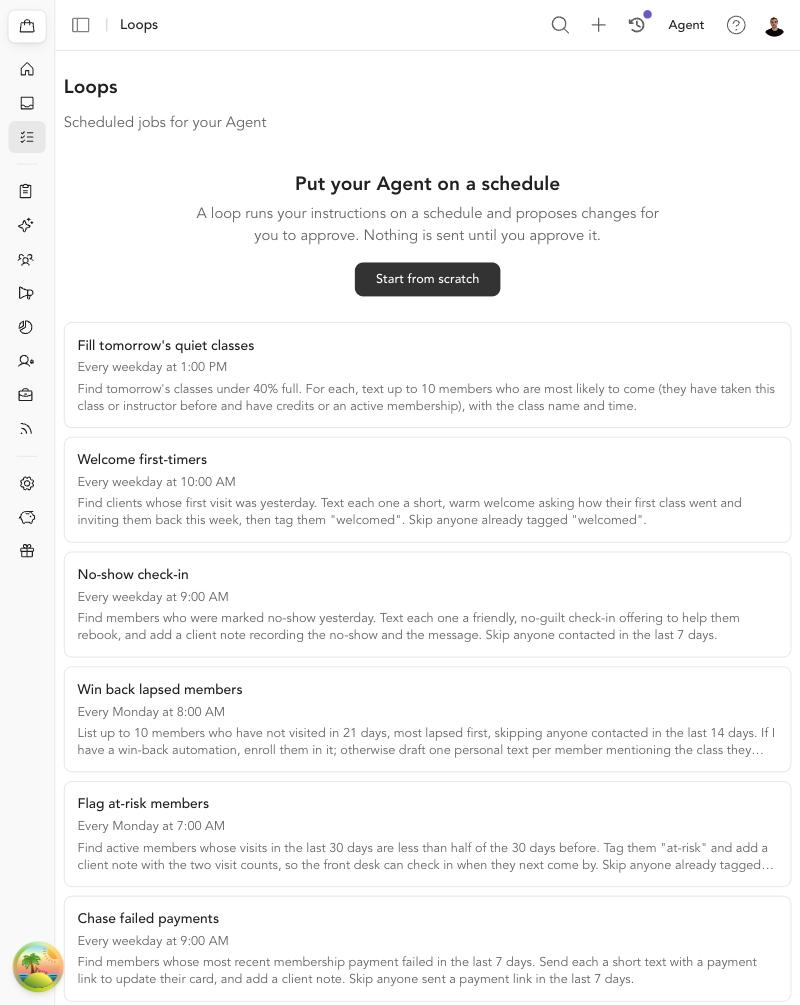 The Loops page with Start from scratch and the eight templates