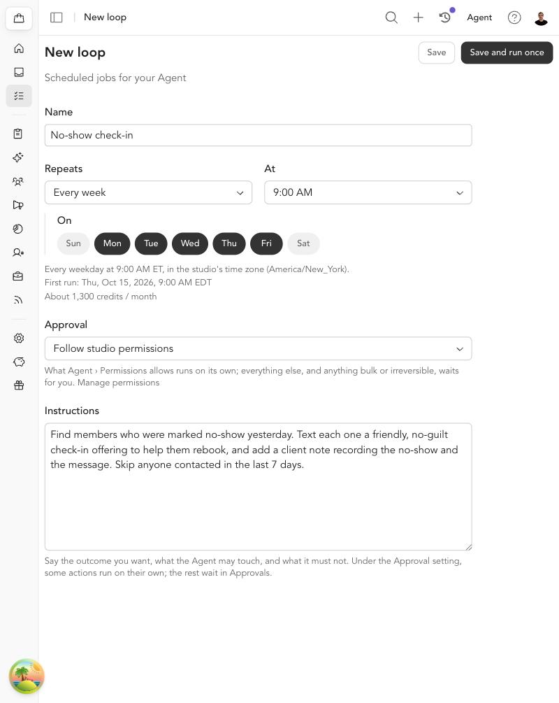 The loop editor: name, schedule, approval mode and instructions