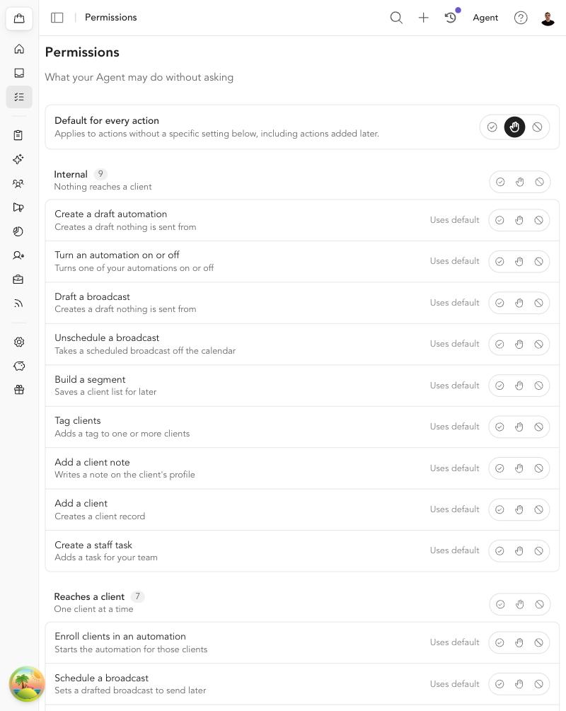 Agent Permissions: a default for every action, then each action with Always allow, Needs approval and Blocked
