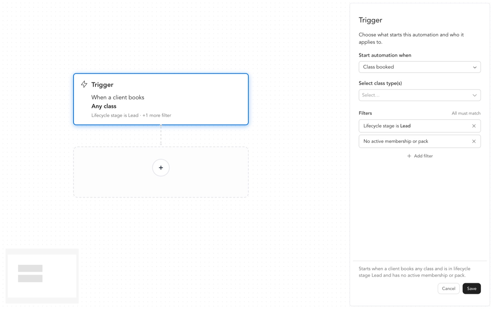 The trigger node shows its filters on the canvas