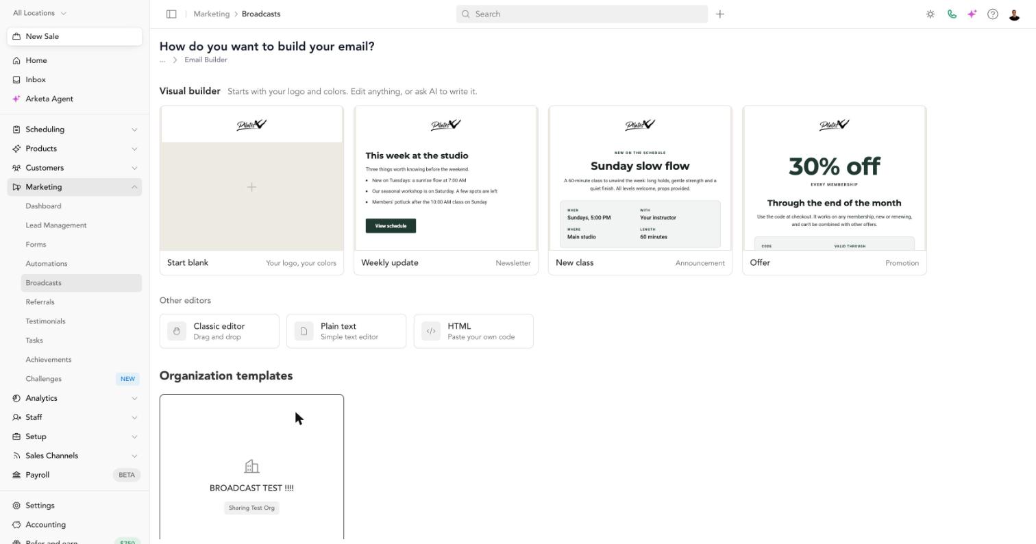 Choose Start blank or a starter. Each one shows your logo and colors
