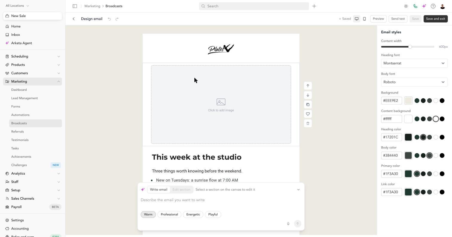 The visual builder: the email in the middle, styles on the right, and the AI panel at the bottom