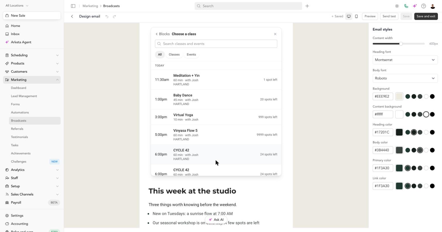 Choose a class: grouped by day, with time, instructor, location, and spots left