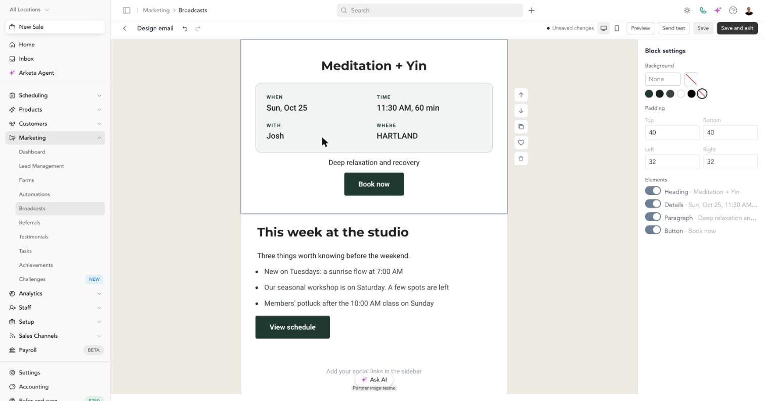 A class block with its details card and Book now button