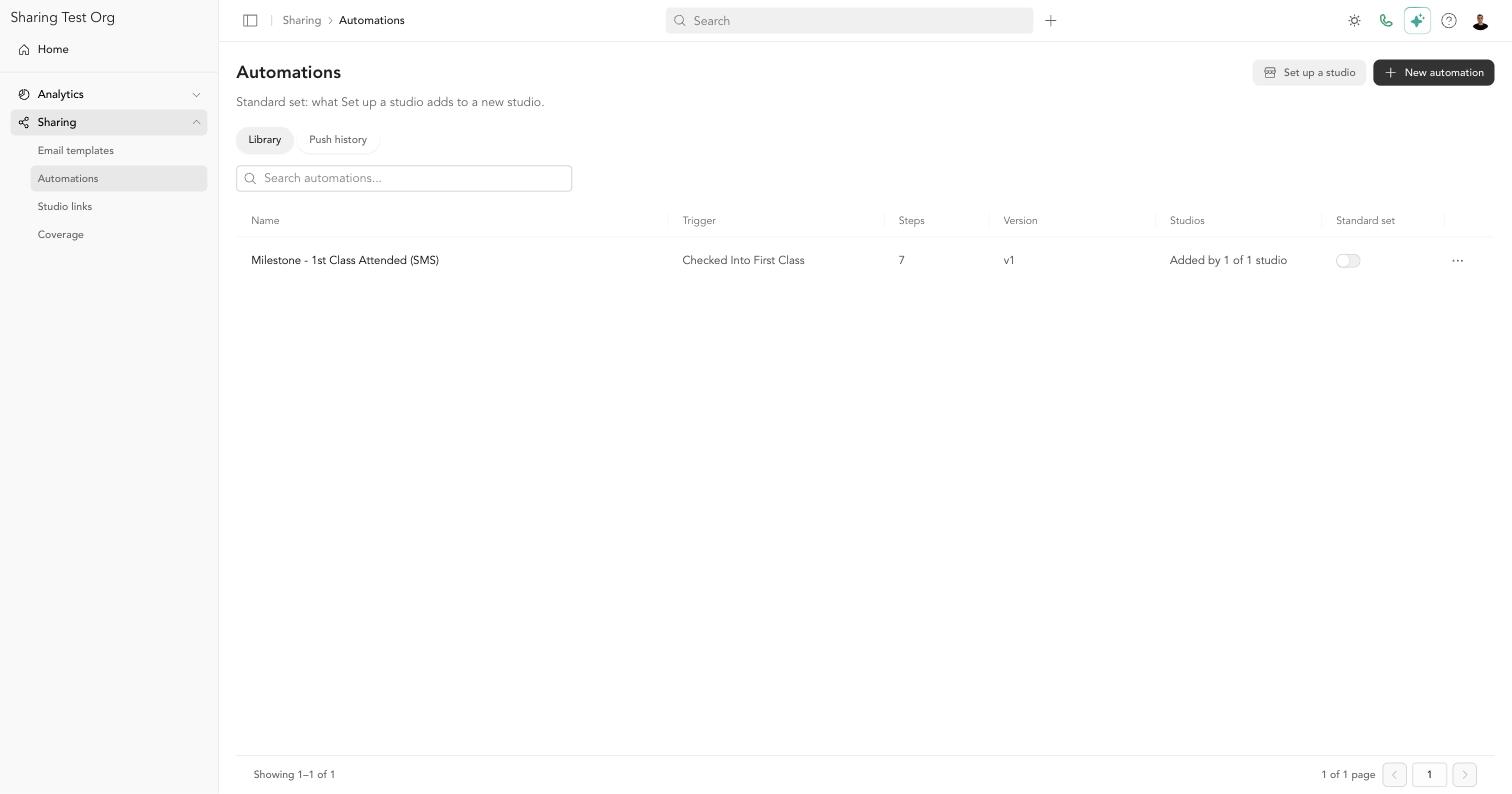 The organization's Automations library, with Set up a studio and New automation