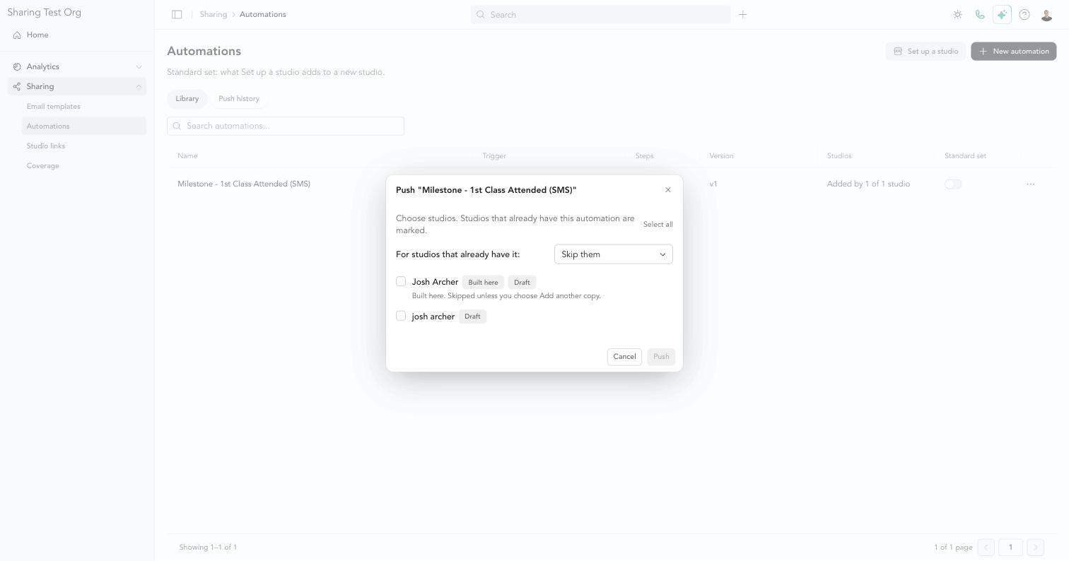The Push dialog, with each studio's current copy marked