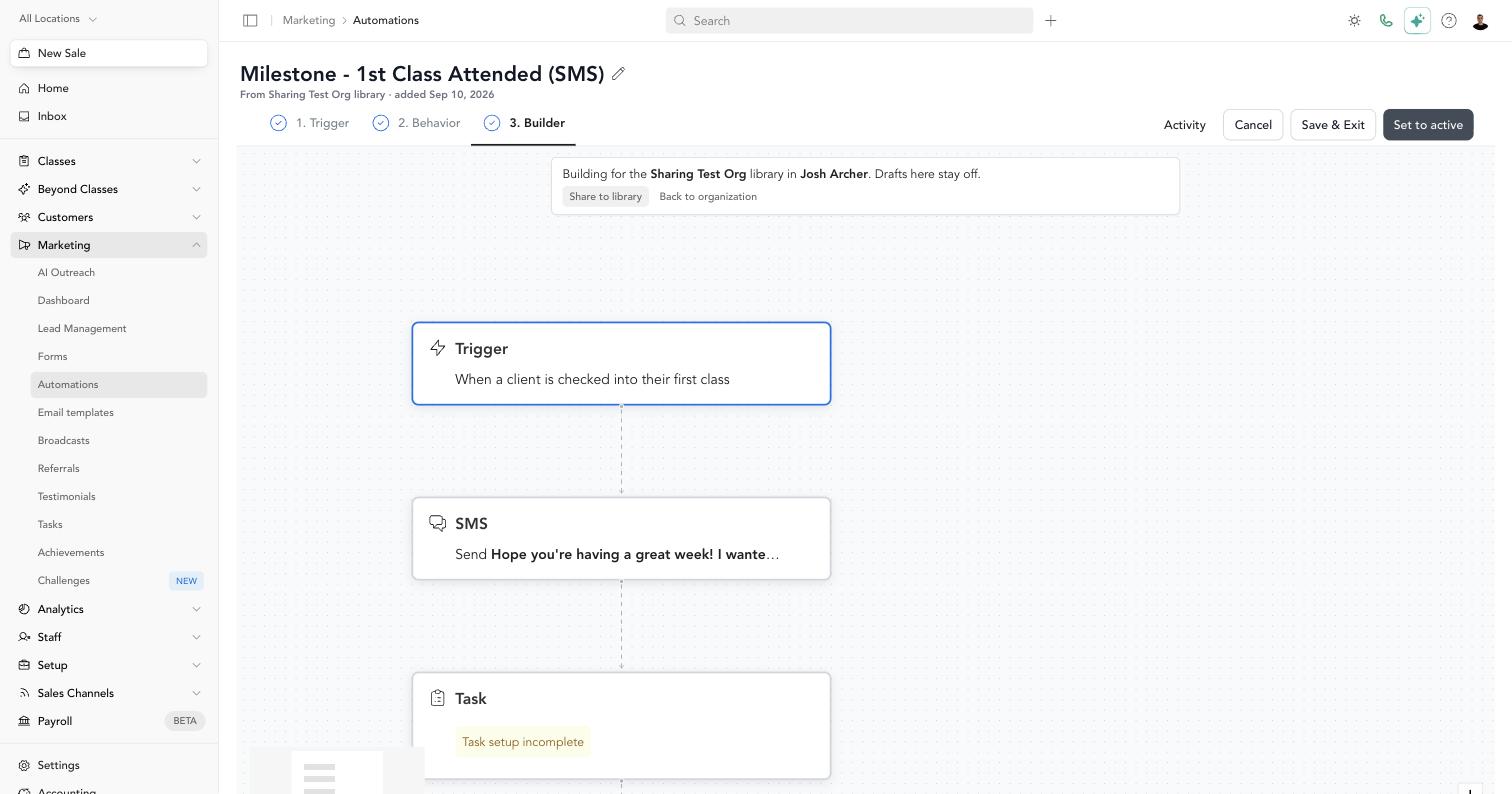 A shared automation in the builder, showing where it came from
