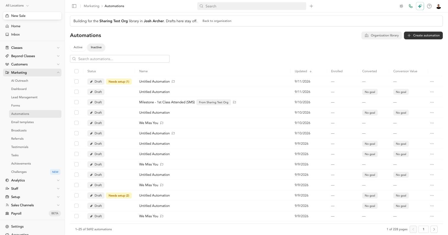 Shared drafts on the Inactive tab, with Draft, Needs setup, and From your organization badges