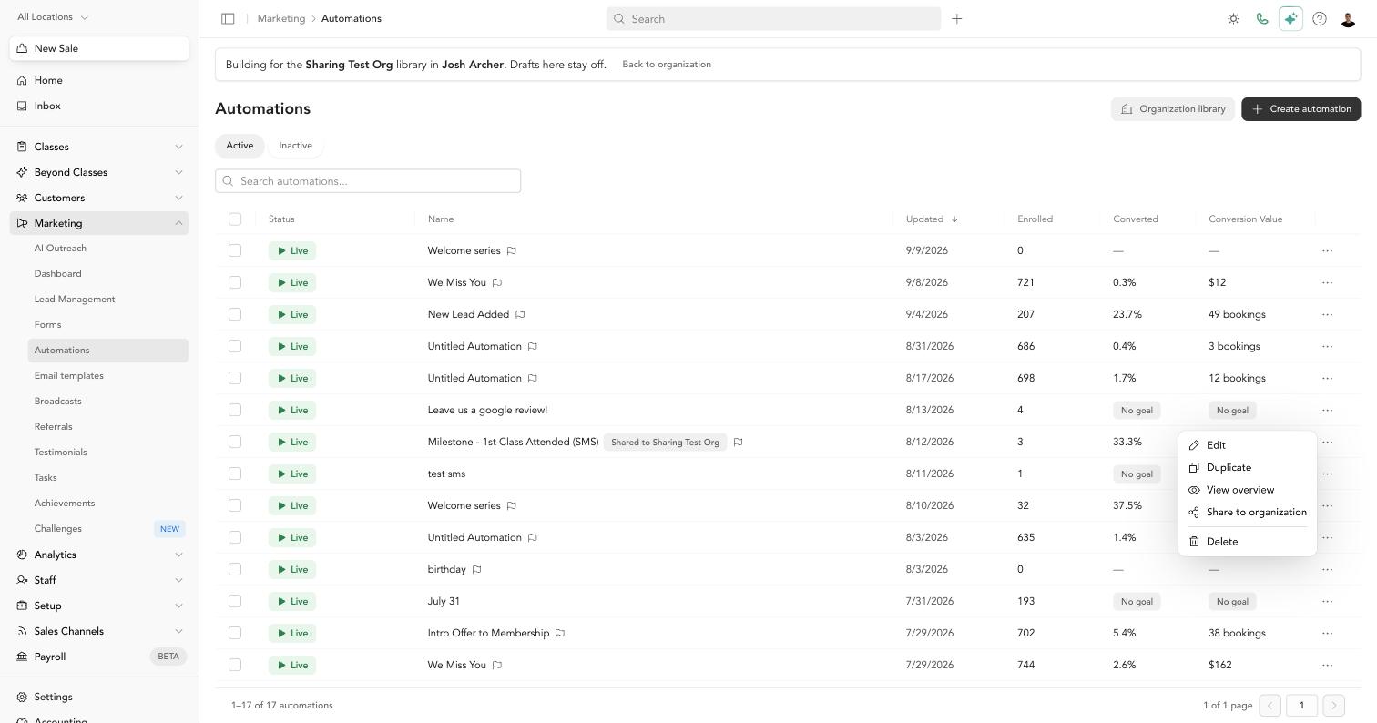 Share to organization in a studio's automation menu